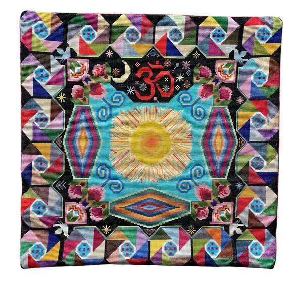 Handmade Cross Stitch Throw Pillow Cover Multicolor Om Sign Geometric OOAK - Picture 1 of 6